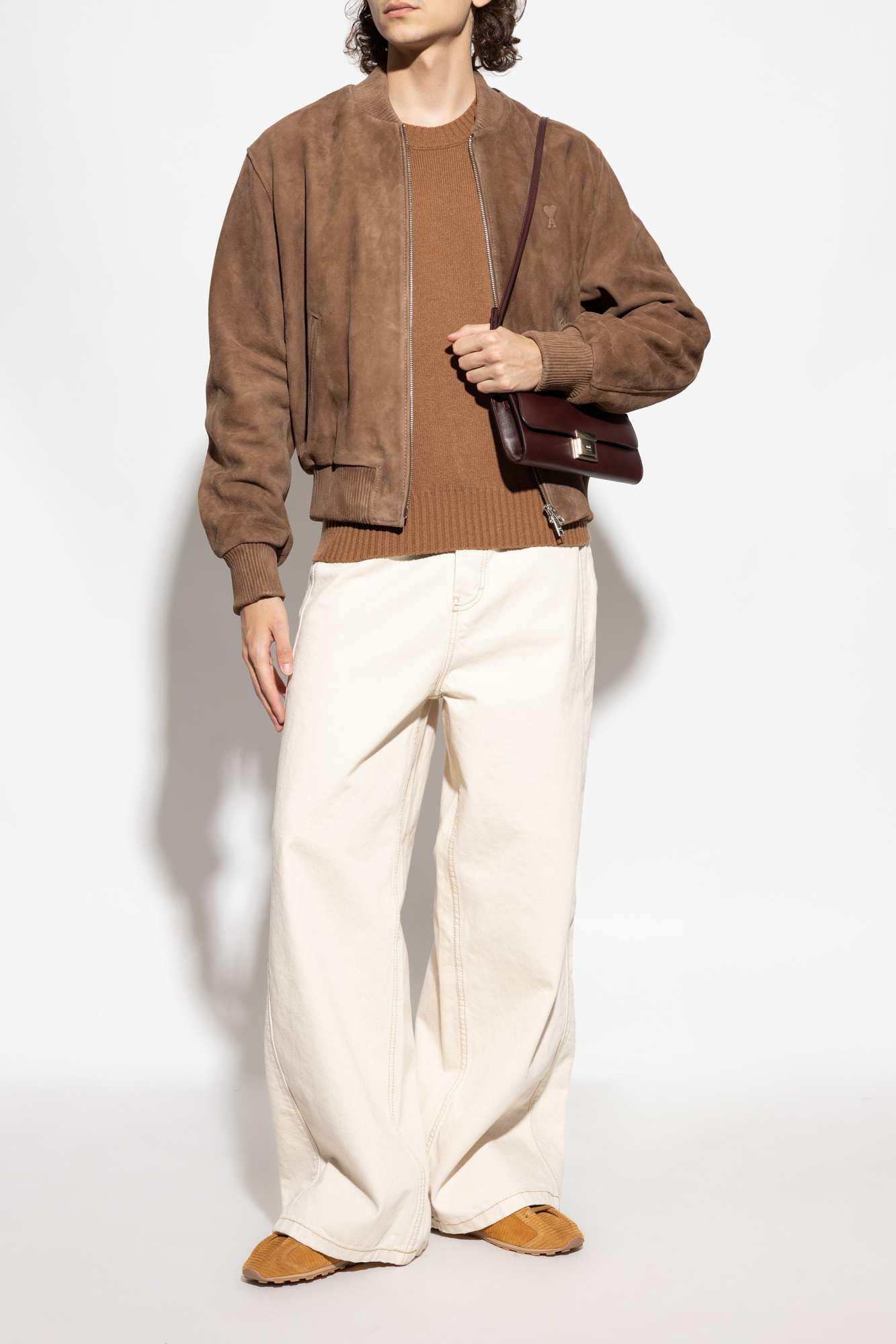 ami9622　0419 Brązowy Zamszowa kurtka z wypukłym logo Ami Alexandre